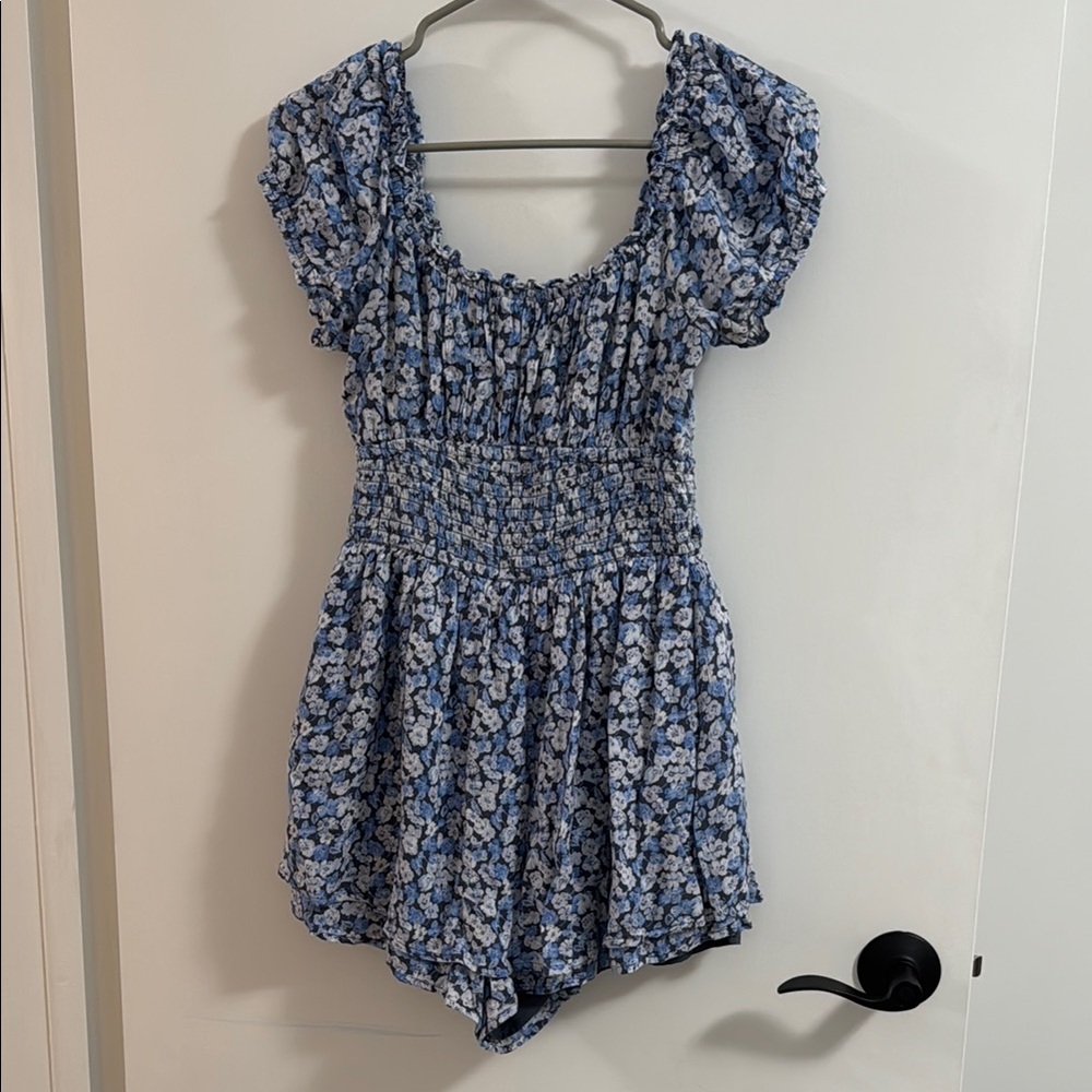 Hollister Blue Floral Jumpsuit with Ruffled Neckline